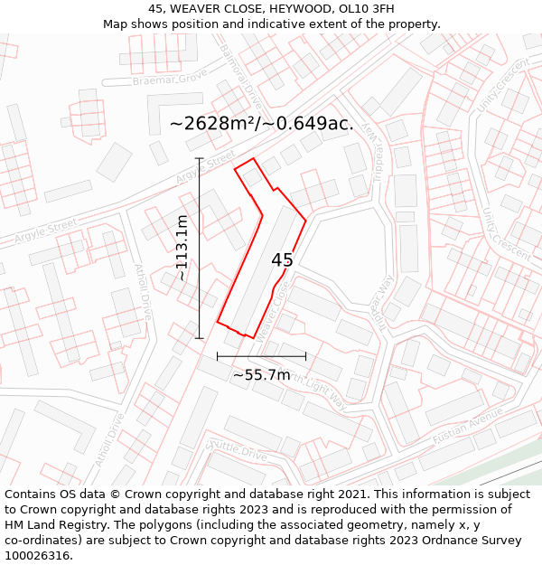 45, WEAVER CLOSE, HEYWOOD, OL10 3FH: Plot and title map