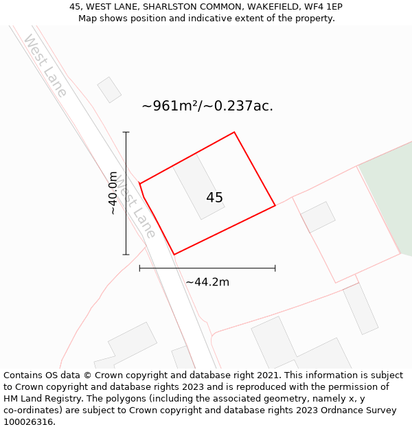 45, WEST LANE, SHARLSTON COMMON, WAKEFIELD, WF4 1EP: Plot and title map