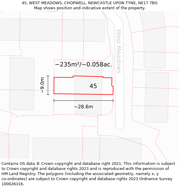 45, WEST MEADOWS, CHOPWELL, NEWCASTLE UPON TYNE, NE17 7BG: Plot and title map