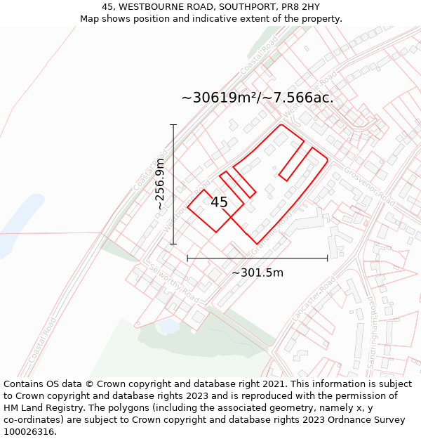 45, WESTBOURNE ROAD, SOUTHPORT, PR8 2HY: Plot and title map