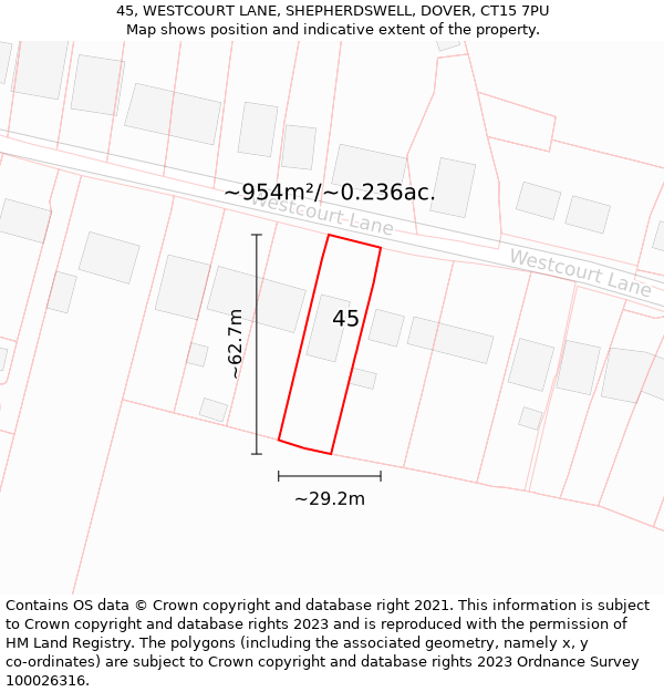 45, WESTCOURT LANE, SHEPHERDSWELL, DOVER, CT15 7PU: Plot and title map