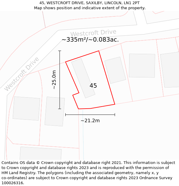 45, WESTCROFT DRIVE, SAXILBY, LINCOLN, LN1 2PT: Plot and title map
