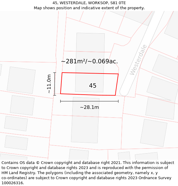 45, WESTERDALE, WORKSOP, S81 0TE: Plot and title map