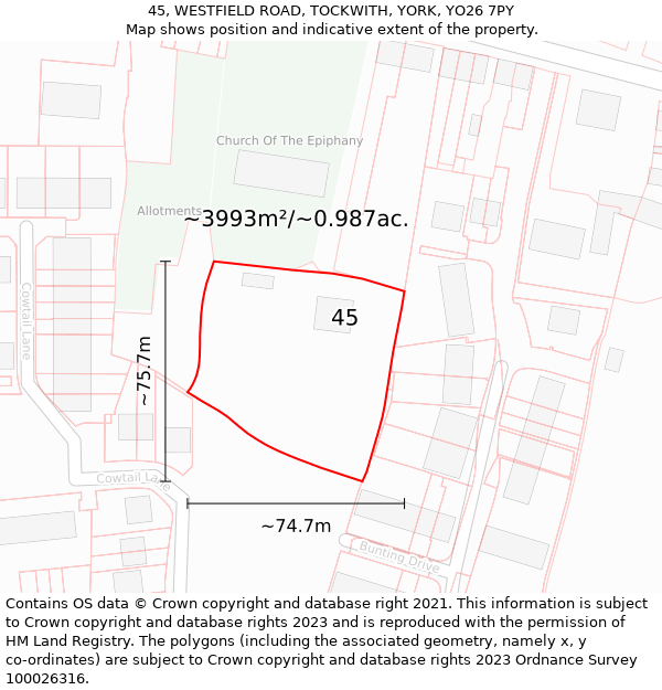 45, WESTFIELD ROAD, TOCKWITH, YORK, YO26 7PY: Plot and title map