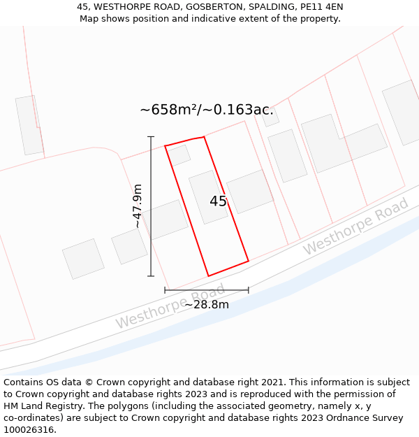 45, WESTHORPE ROAD, GOSBERTON, SPALDING, PE11 4EN: Plot and title map