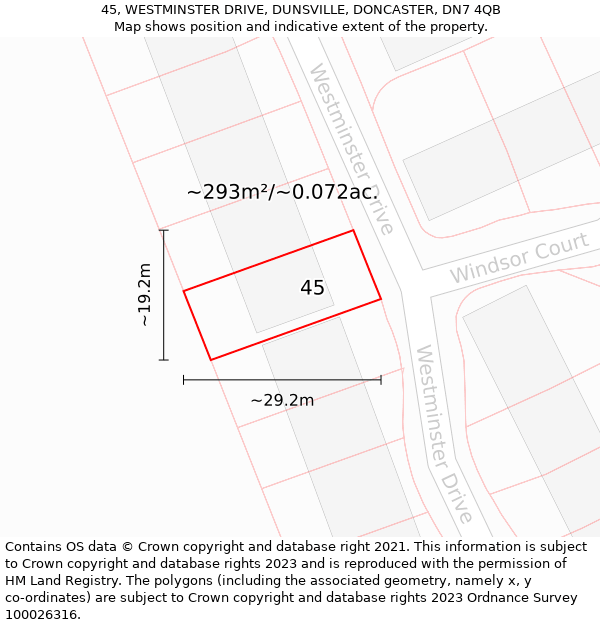 45, WESTMINSTER DRIVE, DUNSVILLE, DONCASTER, DN7 4QB: Plot and title map