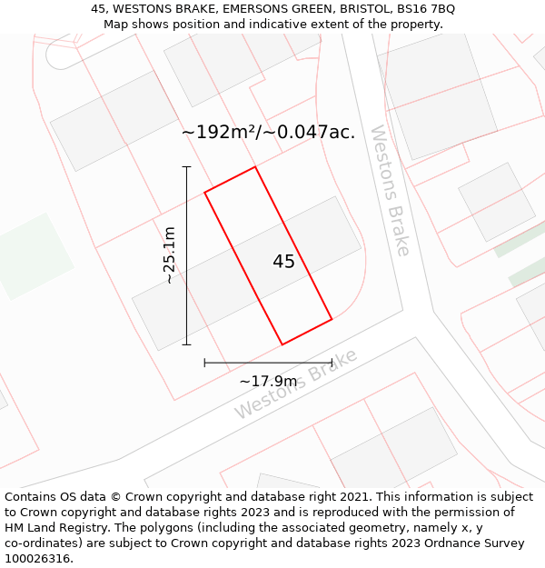 45, WESTONS BRAKE, EMERSONS GREEN, BRISTOL, BS16 7BQ: Plot and title map