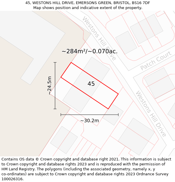 45, WESTONS HILL DRIVE, EMERSONS GREEN, BRISTOL, BS16 7DF: Plot and title map