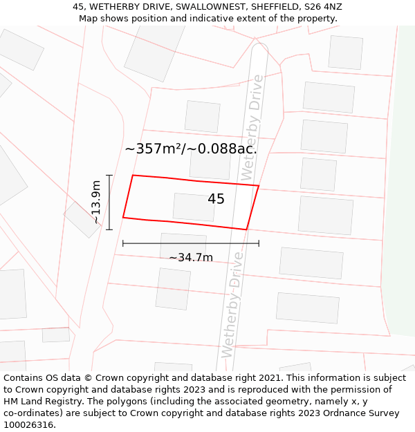 45, WETHERBY DRIVE, SWALLOWNEST, SHEFFIELD, S26 4NZ: Plot and title map