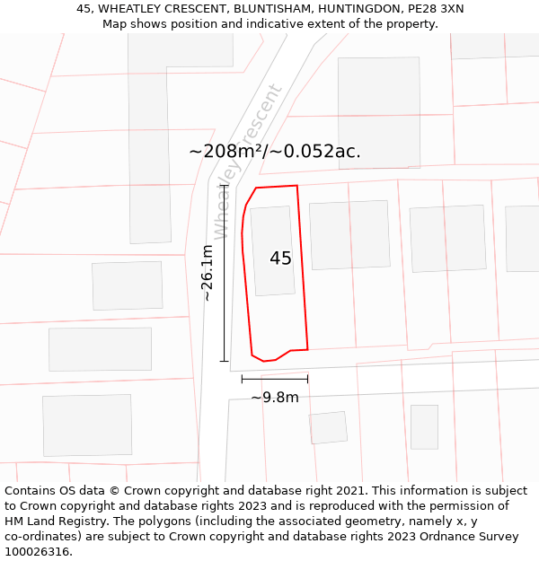 45, WHEATLEY CRESCENT, BLUNTISHAM, HUNTINGDON, PE28 3XN: Plot and title map