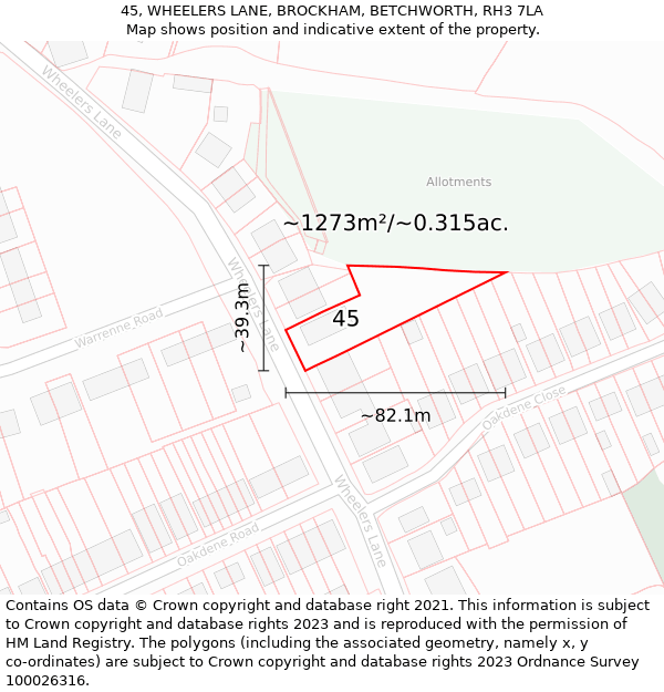 45, WHEELERS LANE, BROCKHAM, BETCHWORTH, RH3 7LA: Plot and title map