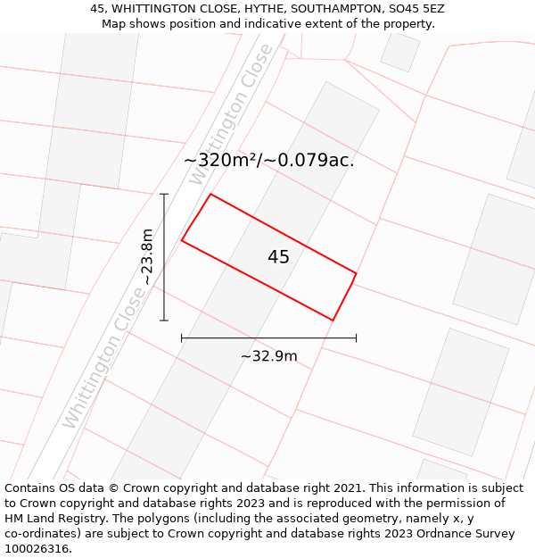 45, WHITTINGTON CLOSE, HYTHE, SOUTHAMPTON, SO45 5EZ: Plot and title map