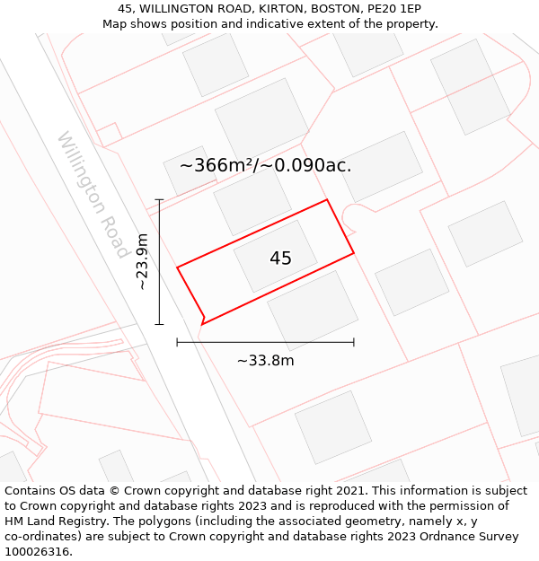 45, WILLINGTON ROAD, KIRTON, BOSTON, PE20 1EP: Plot and title map