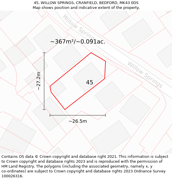 45, WILLOW SPRINGS, CRANFIELD, BEDFORD, MK43 0DS: Plot and title map