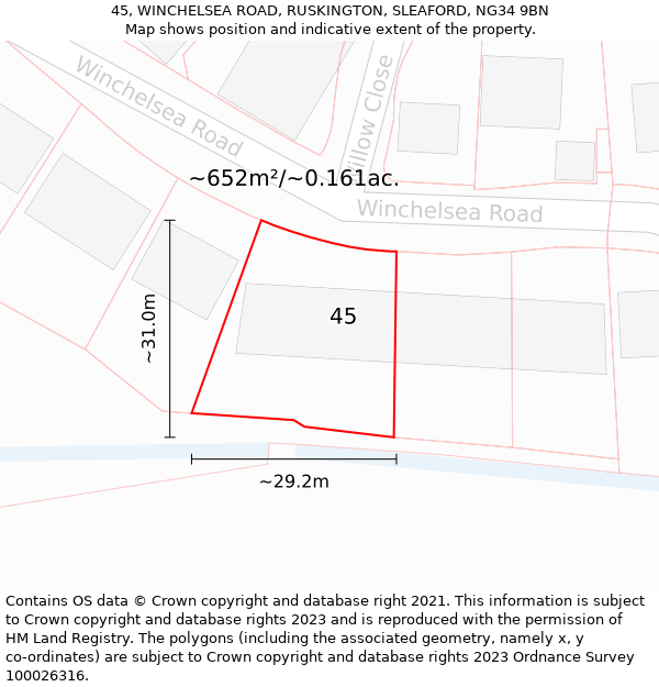 45, WINCHELSEA ROAD, RUSKINGTON, SLEAFORD, NG34 9BN: Plot and title map