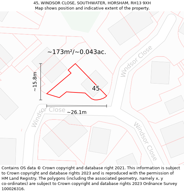 45, WINDSOR CLOSE, SOUTHWATER, HORSHAM, RH13 9XH: Plot and title map