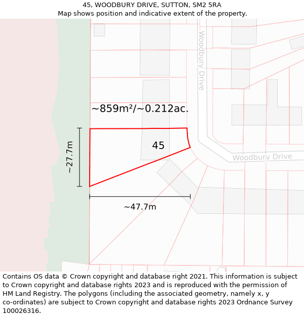 45, WOODBURY DRIVE, SUTTON, SM2 5RA: Plot and title map