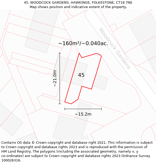 45, WOODCOCK GARDENS, HAWKINGE, FOLKESTONE, CT18 7NE: Plot and title map