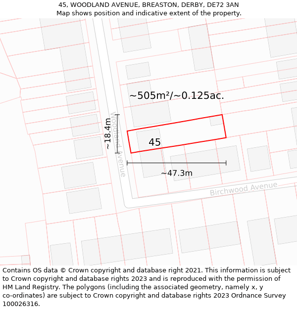 45, WOODLAND AVENUE, BREASTON, DERBY, DE72 3AN: Plot and title map