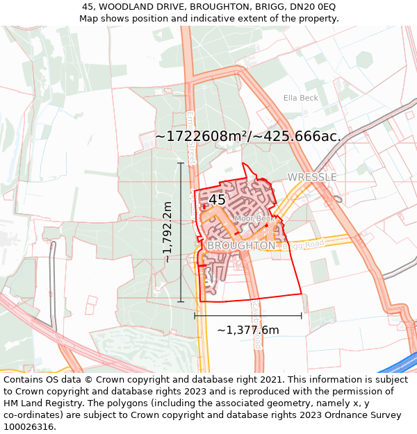 45, WOODLAND DRIVE, BROUGHTON, BRIGG, DN20 0EQ: Plot and title map