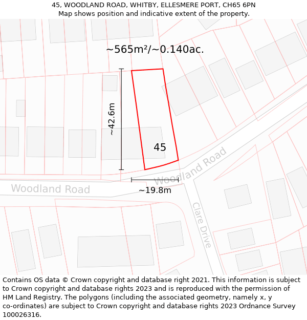 45, WOODLAND ROAD, WHITBY, ELLESMERE PORT, CH65 6PN: Plot and title map