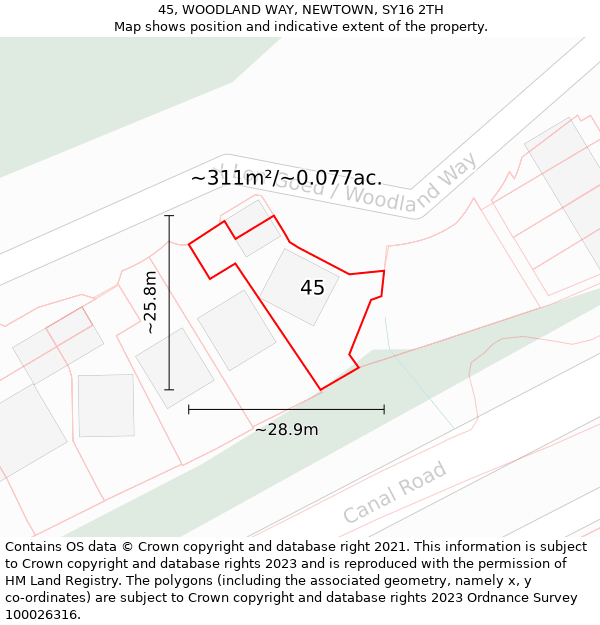 45, WOODLAND WAY, NEWTOWN, SY16 2TH: Plot and title map