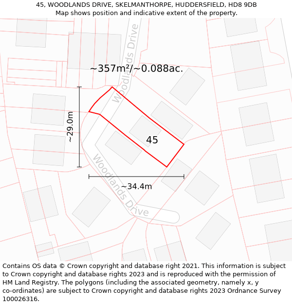 45, WOODLANDS DRIVE, SKELMANTHORPE, HUDDERSFIELD, HD8 9DB: Plot and title map