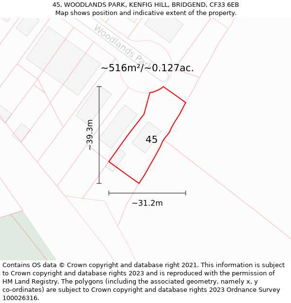 45, WOODLANDS PARK, KENFIG HILL, BRIDGEND, CF33 6EB: Plot and title map