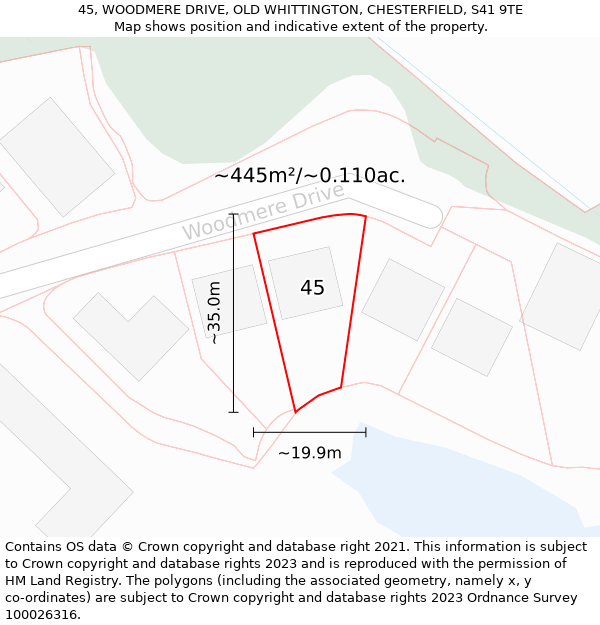 45, WOODMERE DRIVE, OLD WHITTINGTON, CHESTERFIELD, S41 9TE: Plot and title map