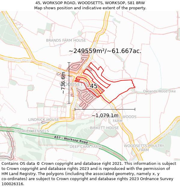 45, WORKSOP ROAD, WOODSETTS, WORKSOP, S81 8RW: Plot and title map