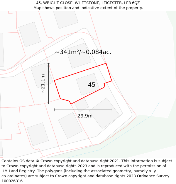 45, WRIGHT CLOSE, WHETSTONE, LEICESTER, LE8 6QZ: Plot and title map