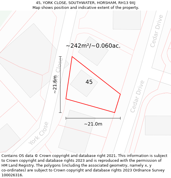 45, YORK CLOSE, SOUTHWATER, HORSHAM, RH13 9XJ: Plot and title map