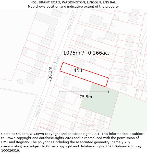 451, BRANT ROAD, WADDINGTON, LINCOLN, LN5 9AL: Plot and title map