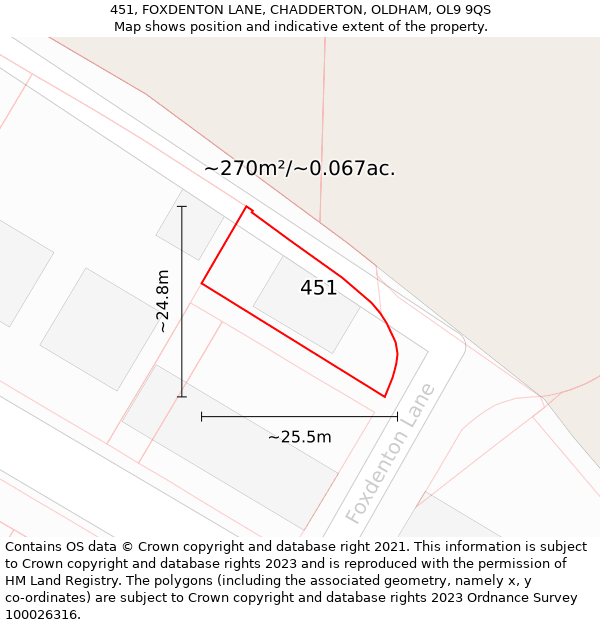 451, FOXDENTON LANE, CHADDERTON, OLDHAM, OL9 9QS: Plot and title map