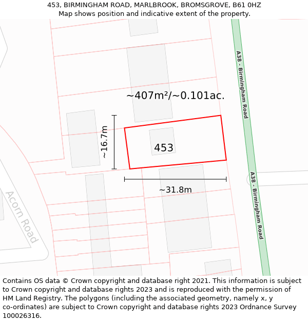 453, BIRMINGHAM ROAD, MARLBROOK, BROMSGROVE, B61 0HZ: Plot and title map