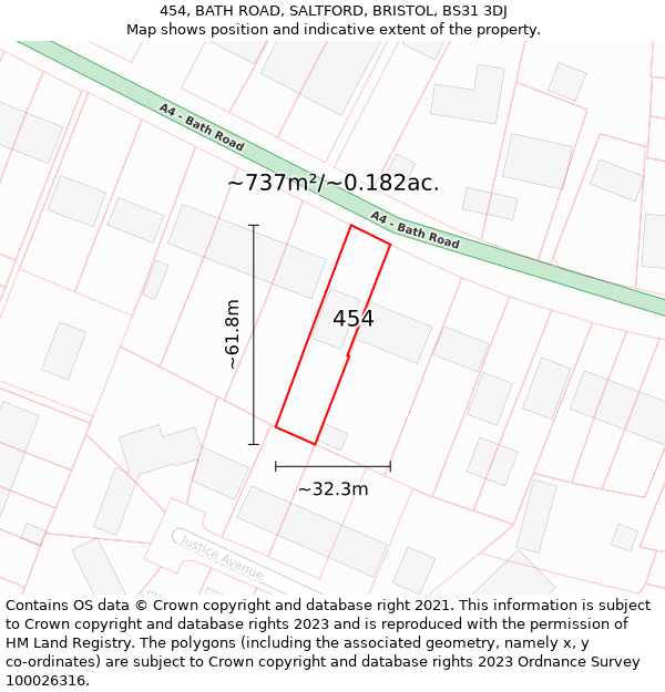 454, BATH ROAD, SALTFORD, BRISTOL, BS31 3DJ: Plot and title map