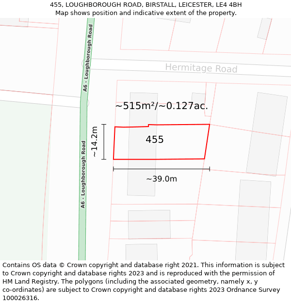 455, LOUGHBOROUGH ROAD, BIRSTALL, LEICESTER, LE4 4BH: Plot and title map