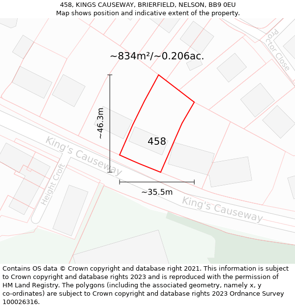 458, KINGS CAUSEWAY, BRIERFIELD, NELSON, BB9 0EU: Plot and title map