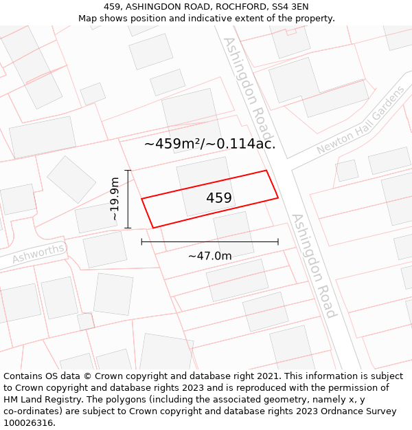 459, ASHINGDON ROAD, ROCHFORD, SS4 3EN: Plot and title map