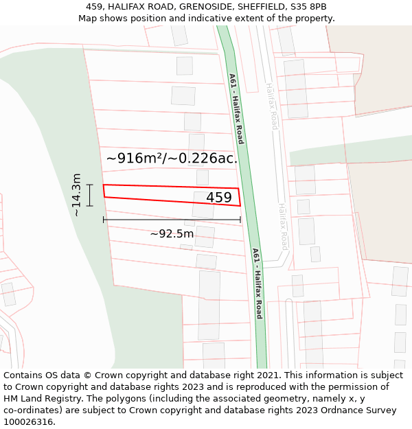 459, HALIFAX ROAD, GRENOSIDE, SHEFFIELD, S35 8PB: Plot and title map