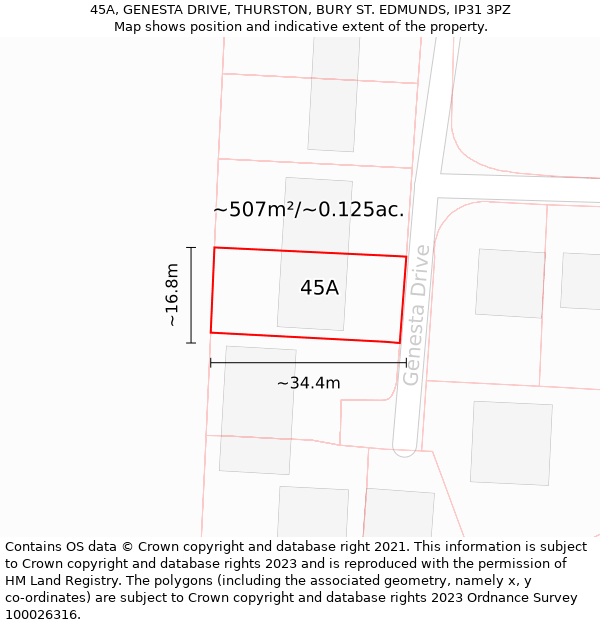 45A, GENESTA DRIVE, THURSTON, BURY ST. EDMUNDS, IP31 3PZ: Plot and title map