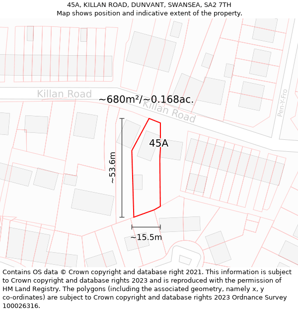 45A, KILLAN ROAD, DUNVANT, SWANSEA, SA2 7TH: Plot and title map