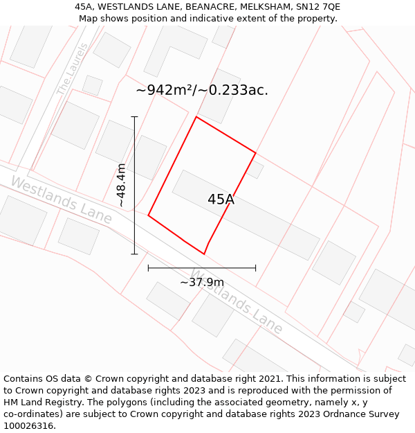 45A, WESTLANDS LANE, BEANACRE, MELKSHAM, SN12 7QE: Plot and title map