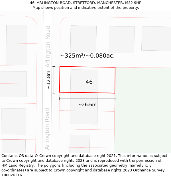 46, ARLINGTON ROAD, STRETFORD, MANCHESTER, M32 9HP: Plot and title map