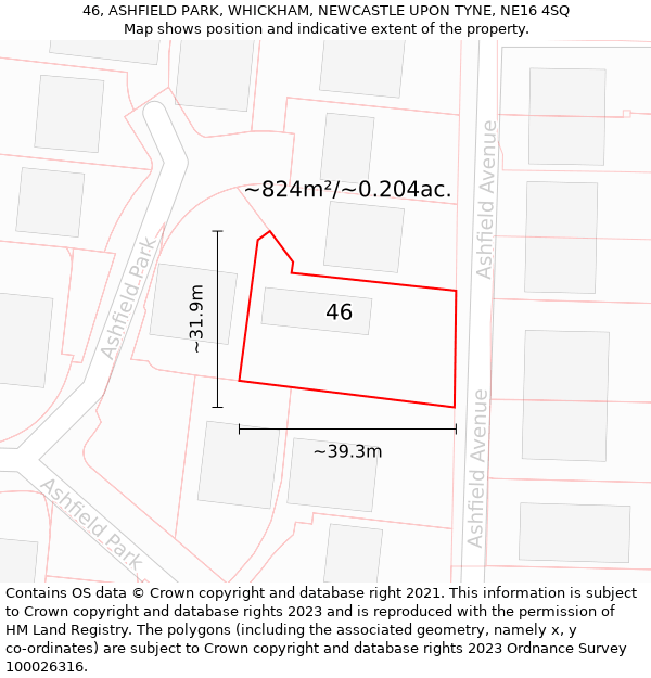 46, ASHFIELD PARK, WHICKHAM, NEWCASTLE UPON TYNE, NE16 4SQ: Plot and title map