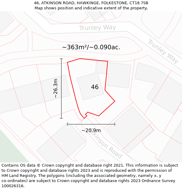 46, ATKINSON ROAD, HAWKINGE, FOLKESTONE, CT18 7SB: Plot and title map