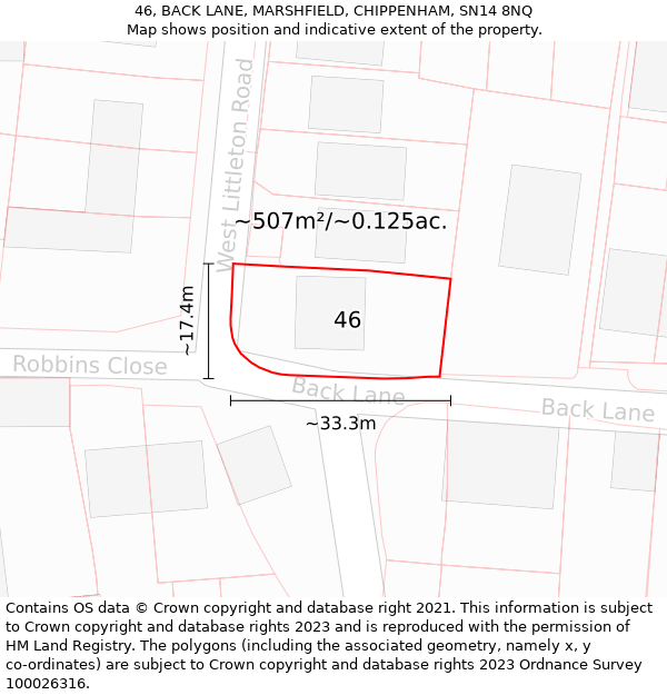 46, BACK LANE, MARSHFIELD, CHIPPENHAM, SN14 8NQ: Plot and title map