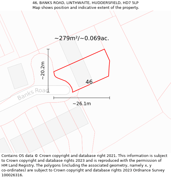 46, BANKS ROAD, LINTHWAITE, HUDDERSFIELD, HD7 5LP: Plot and title map