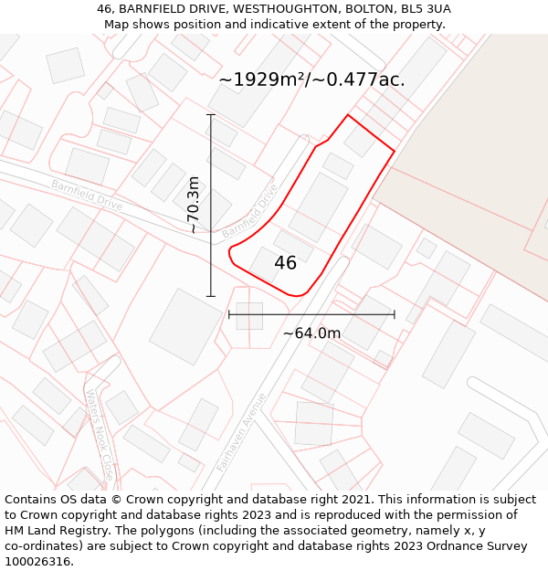 46, BARNFIELD DRIVE, WESTHOUGHTON, BOLTON, BL5 3UA: Plot and title map