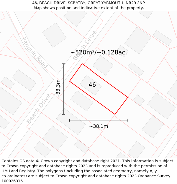 46, BEACH DRIVE, SCRATBY, GREAT YARMOUTH, NR29 3NP: Plot and title map